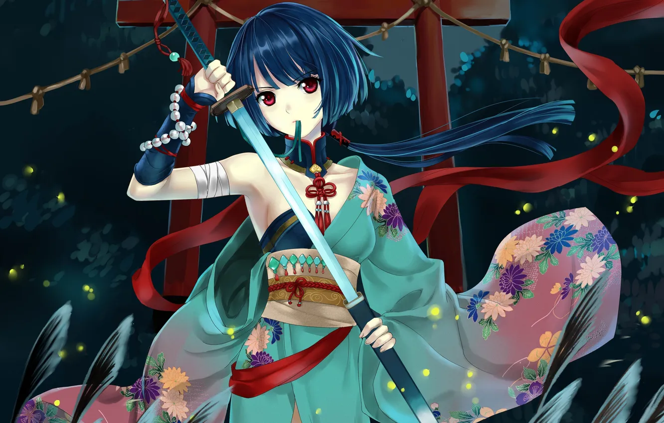 Photo wallpaper girl, trees, night, weapons, katana, anime, art, tape