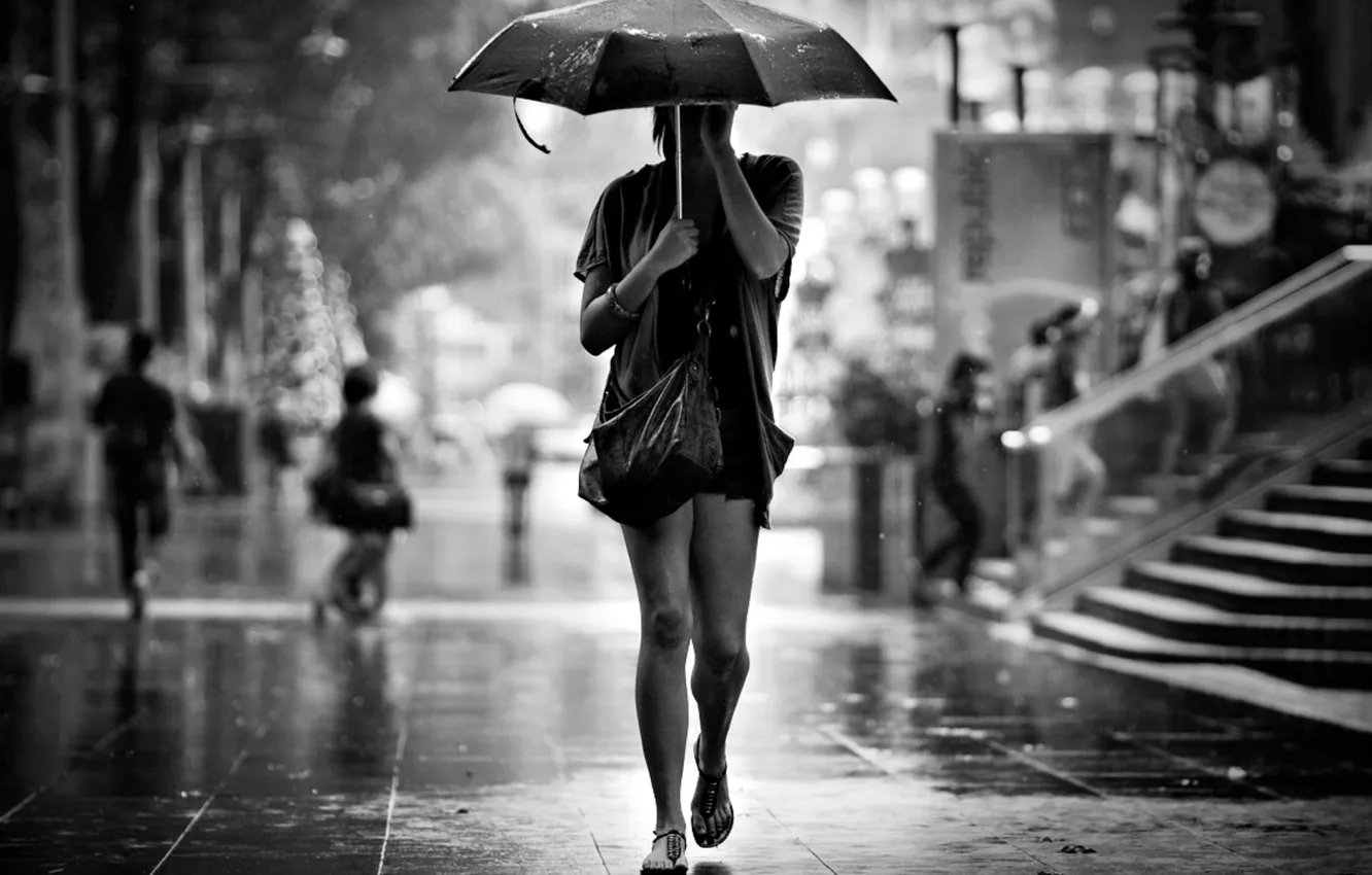 Photo wallpaper girl, rain, umbrella