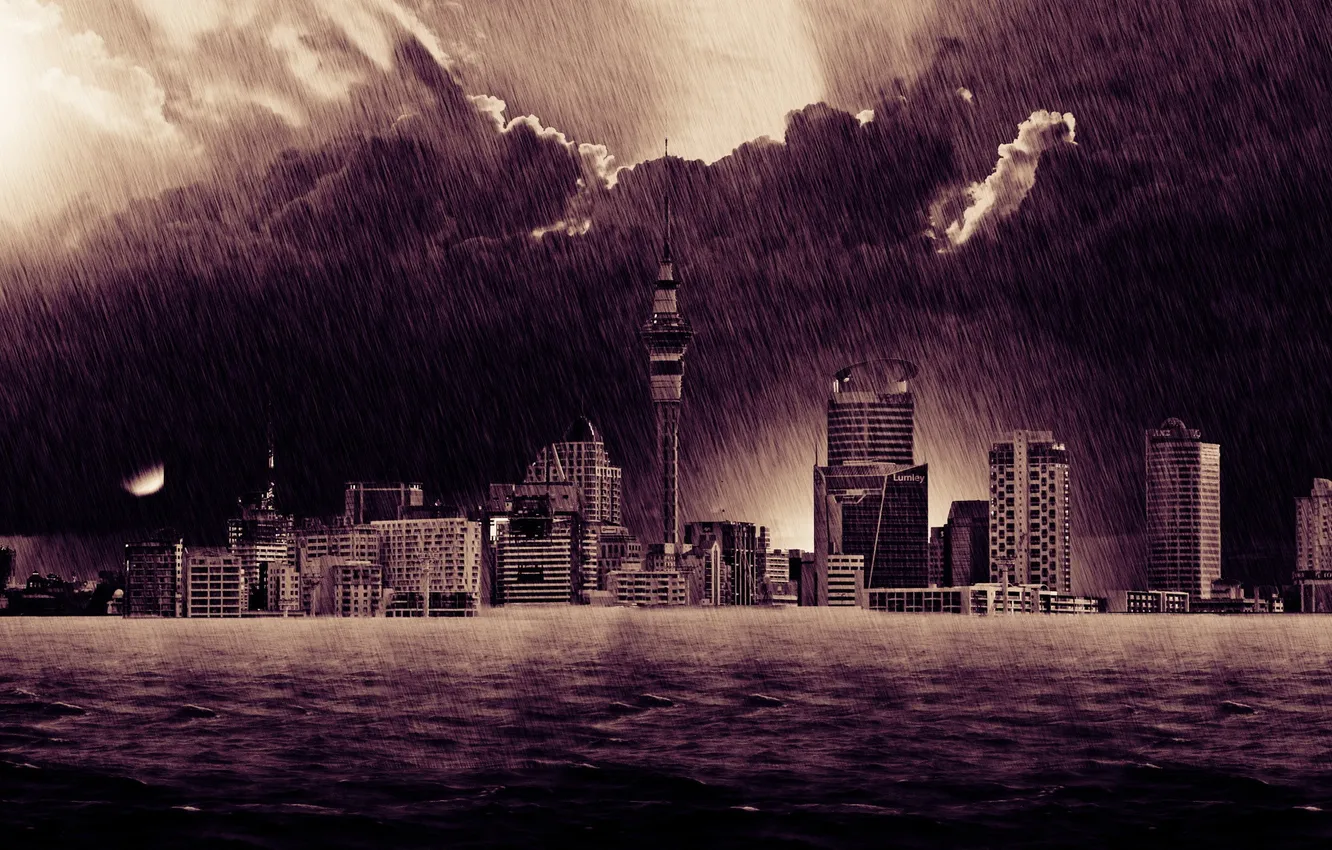 Photo wallpaper the city, rain, building, home, skyscrapers, flood