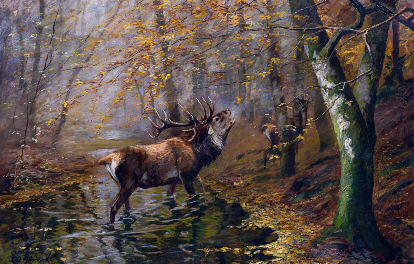 Photo wallpaper forest, trees, picture, deer, horns, German animal painter, Carl Ritter von Dombrowski, Karl Ritter von …