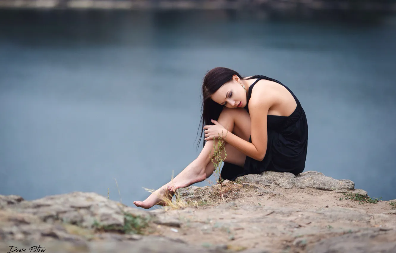 Photo wallpaper sadness, girl, pose, river, stones, open, mood, sweetheart