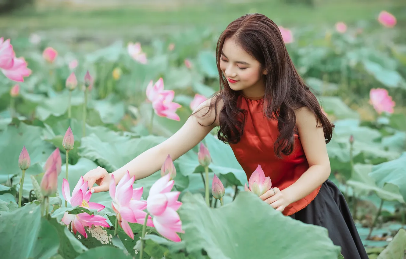 Photo wallpaper girl, flowers, nature, pose, smile, Asian, Lotus