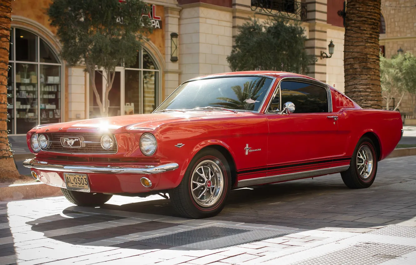 Photo wallpaper red, Mustang, Ford, classic, the front, Muscle car