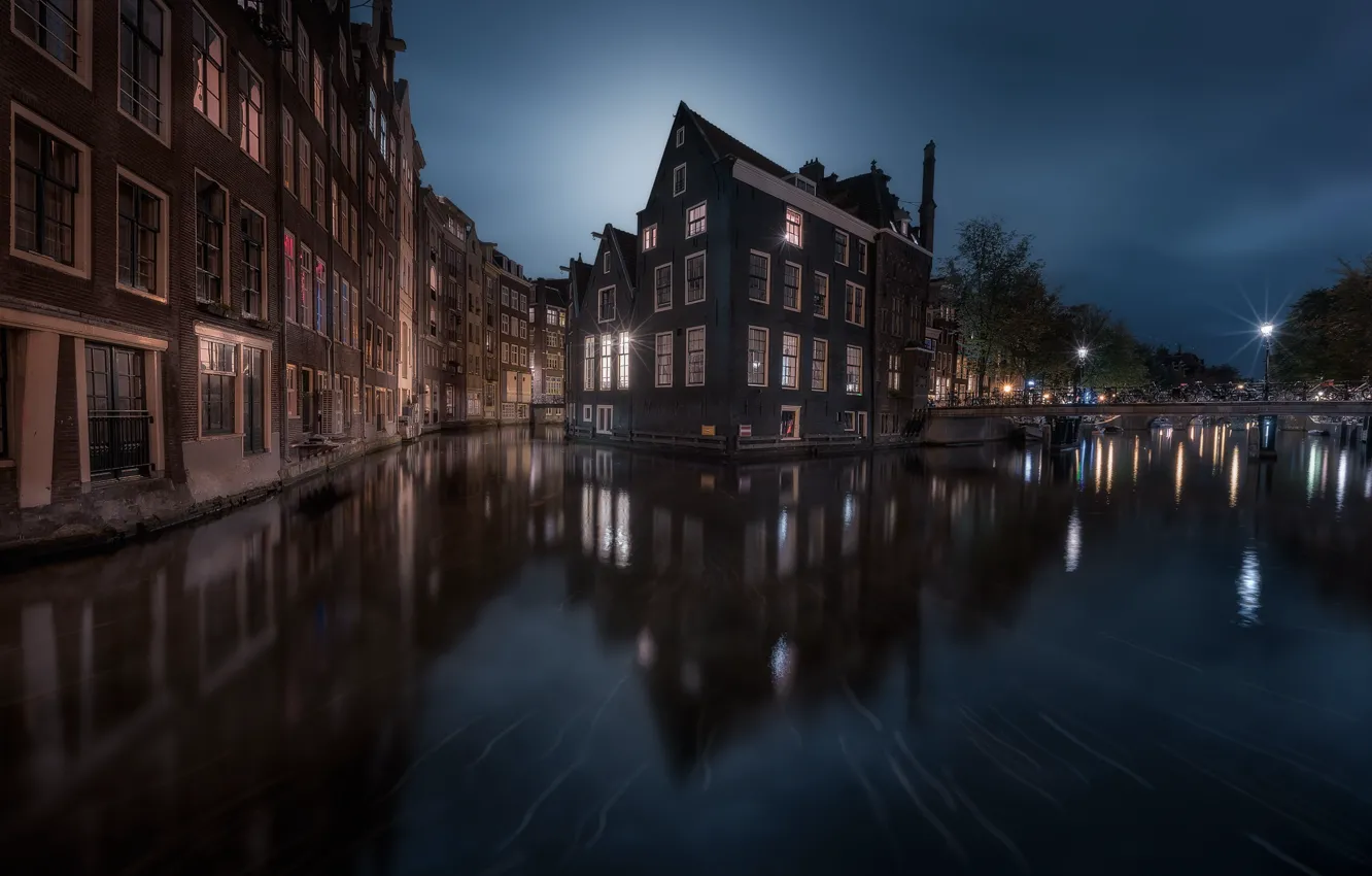Photo wallpaper water, night, the city, lights, home, Amsterdam, Netherlands, channels