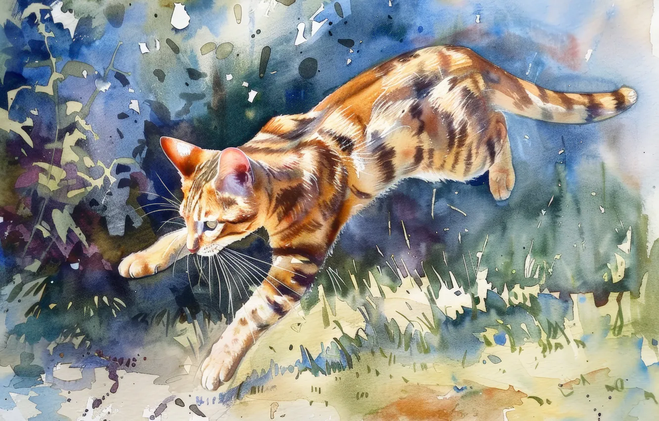 Photo wallpaper cat, cat, jump, art, digital art, imitation painting, AI art, The Art of Artificial Intelligence