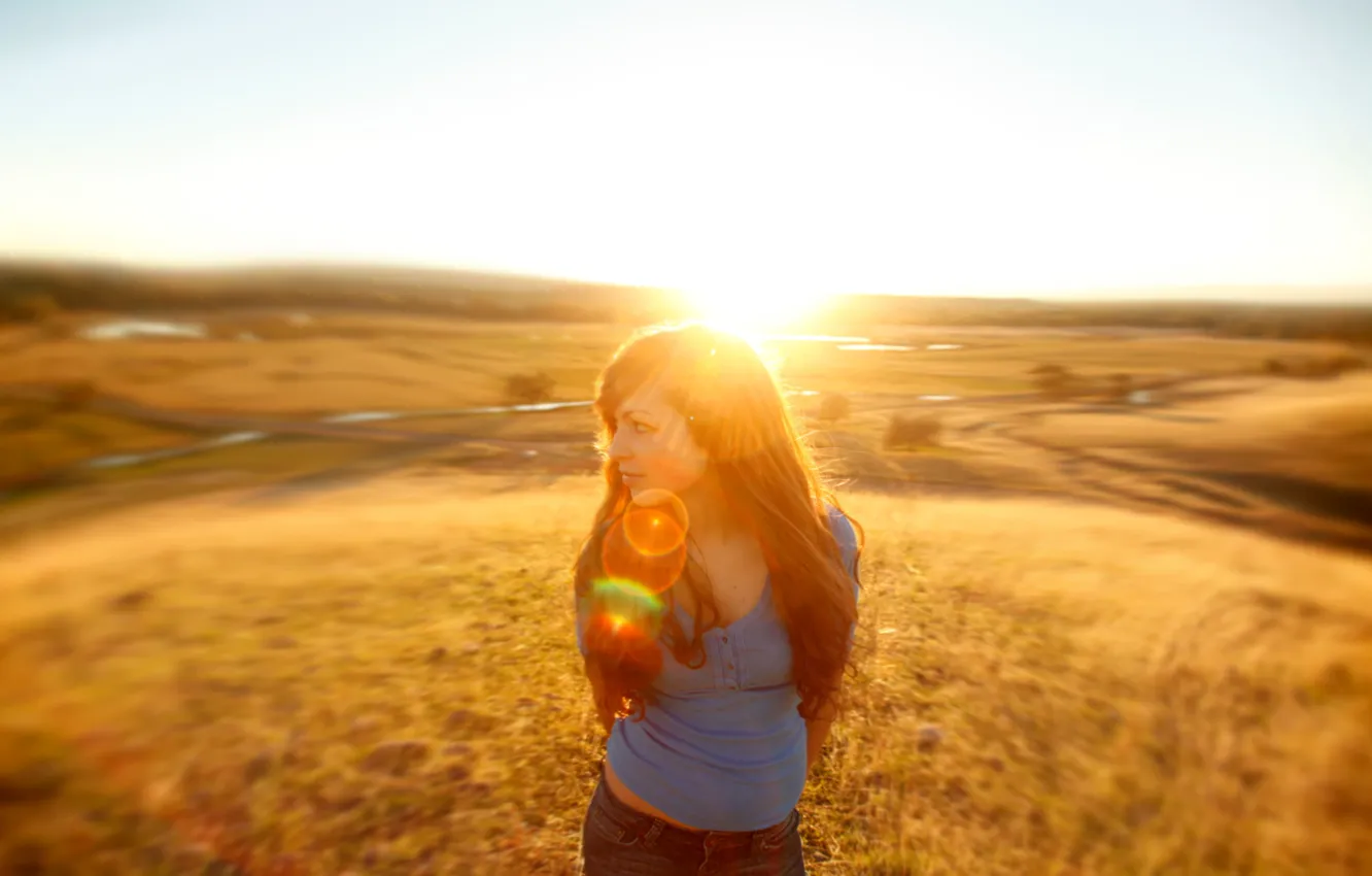Photo wallpaper field, look, girl, the sun, light, nature, background, ray