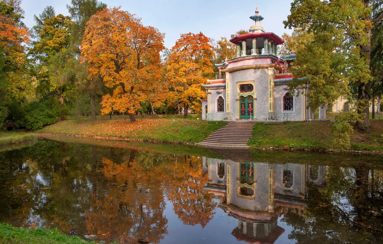 Photo wallpaper autumn, leaves, water, trees, pond, Park, reflection, the building