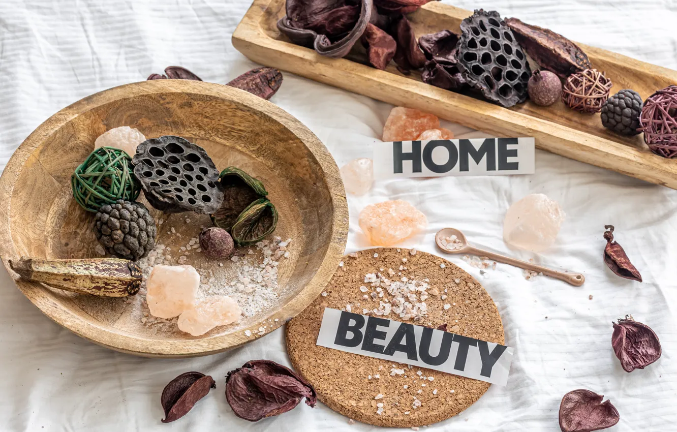 Photo wallpaper balls, the inscription, plant, beauty, spoon, fabric, bowl, placer