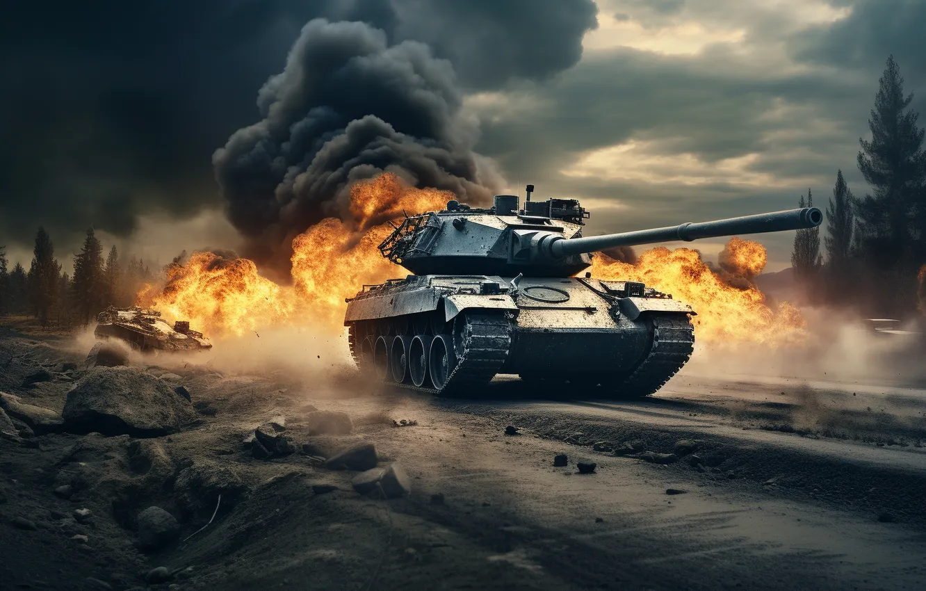 Photo wallpaper the explosion, lights, smoke, tank, digital art, AI art, The Art of Artificial Intelligence, War …
