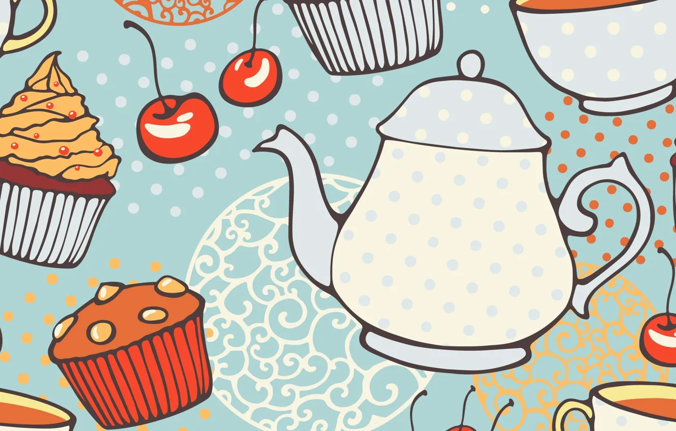 Photo wallpaper texture, kettle, texture, cupcakes, tea, muffins