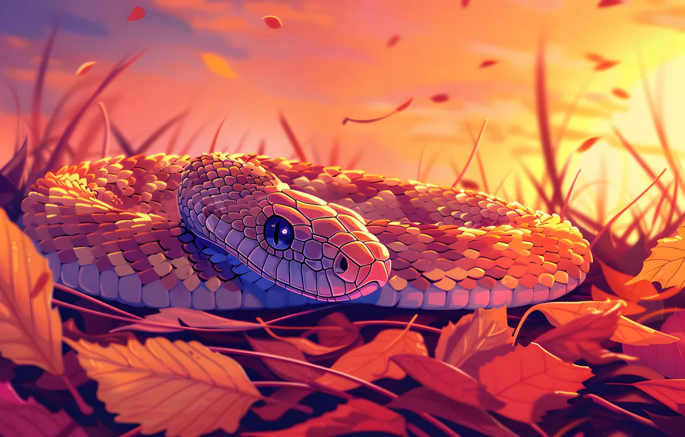 Photo wallpaper look, face, leaves, animal, snake, art, reptile, digital art