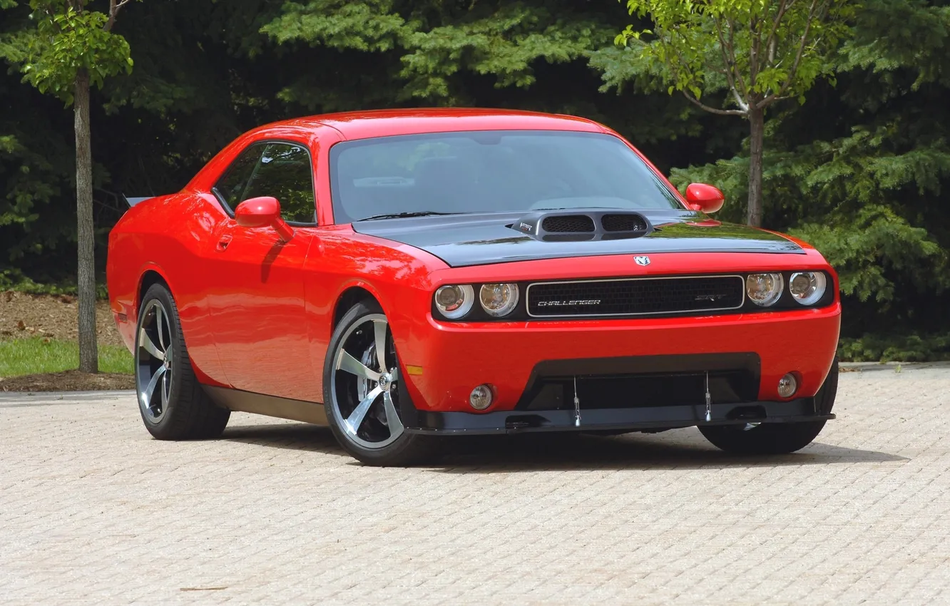 Photo wallpaper auto, red, lights, The hood, Dodge, Challenger, the front, SRT10