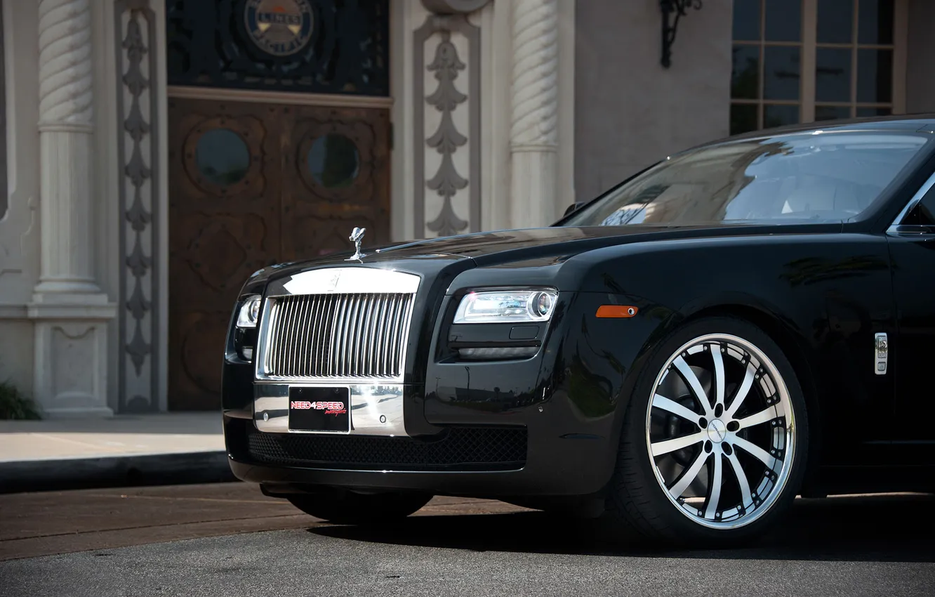 Photo wallpaper black, building, Rolls-Royce, the door, Ghost, black, rolls Royce, the front part