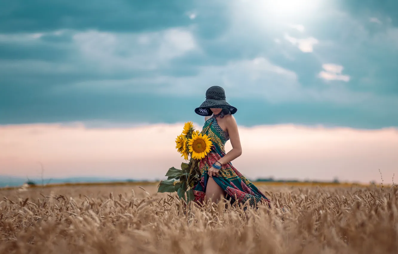 Photo wallpaper field, the sky, girl, sunflowers, pose, mood, hat, dress