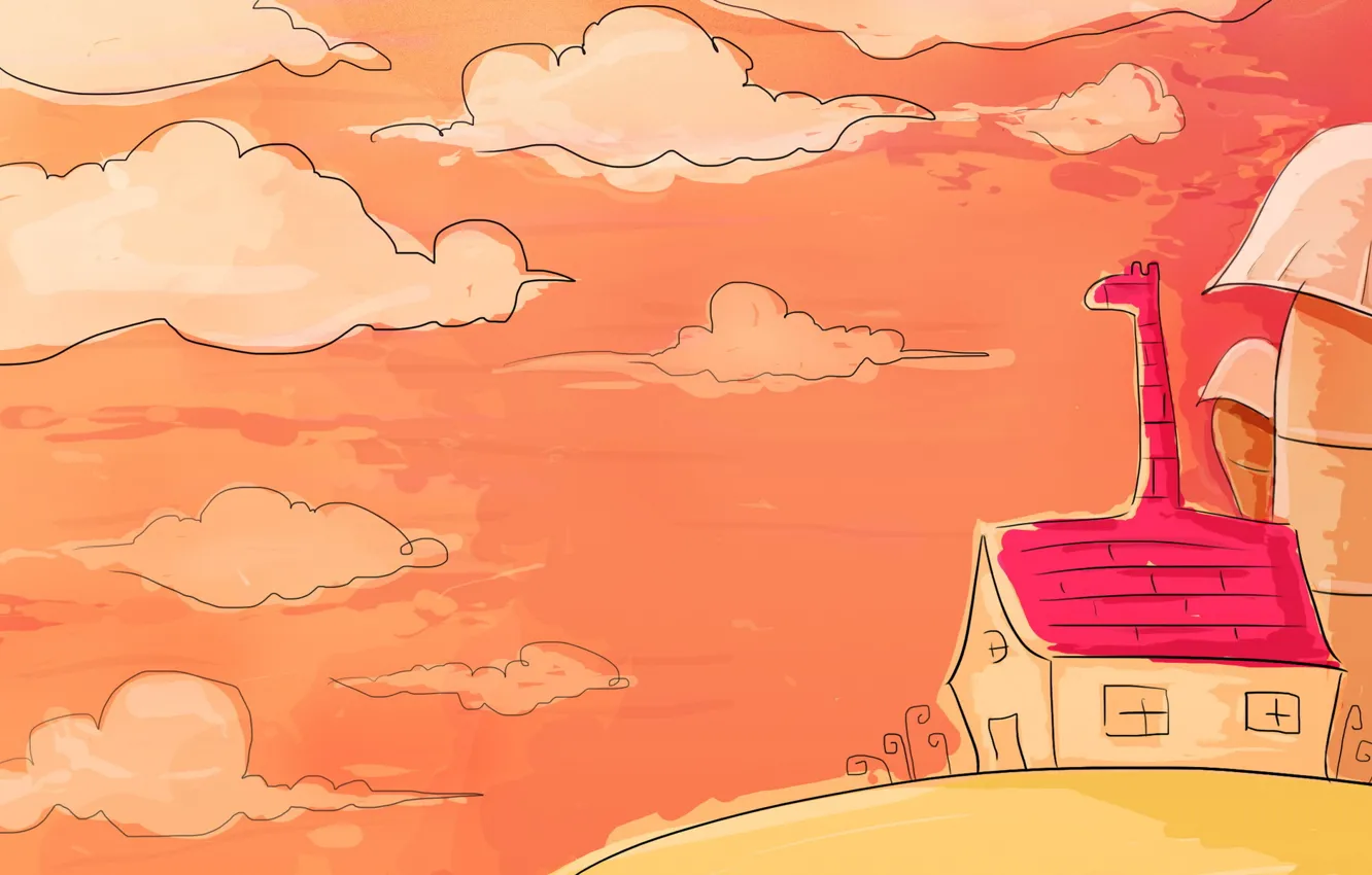 Photo wallpaper clouds, orange, house, pink, giraffe