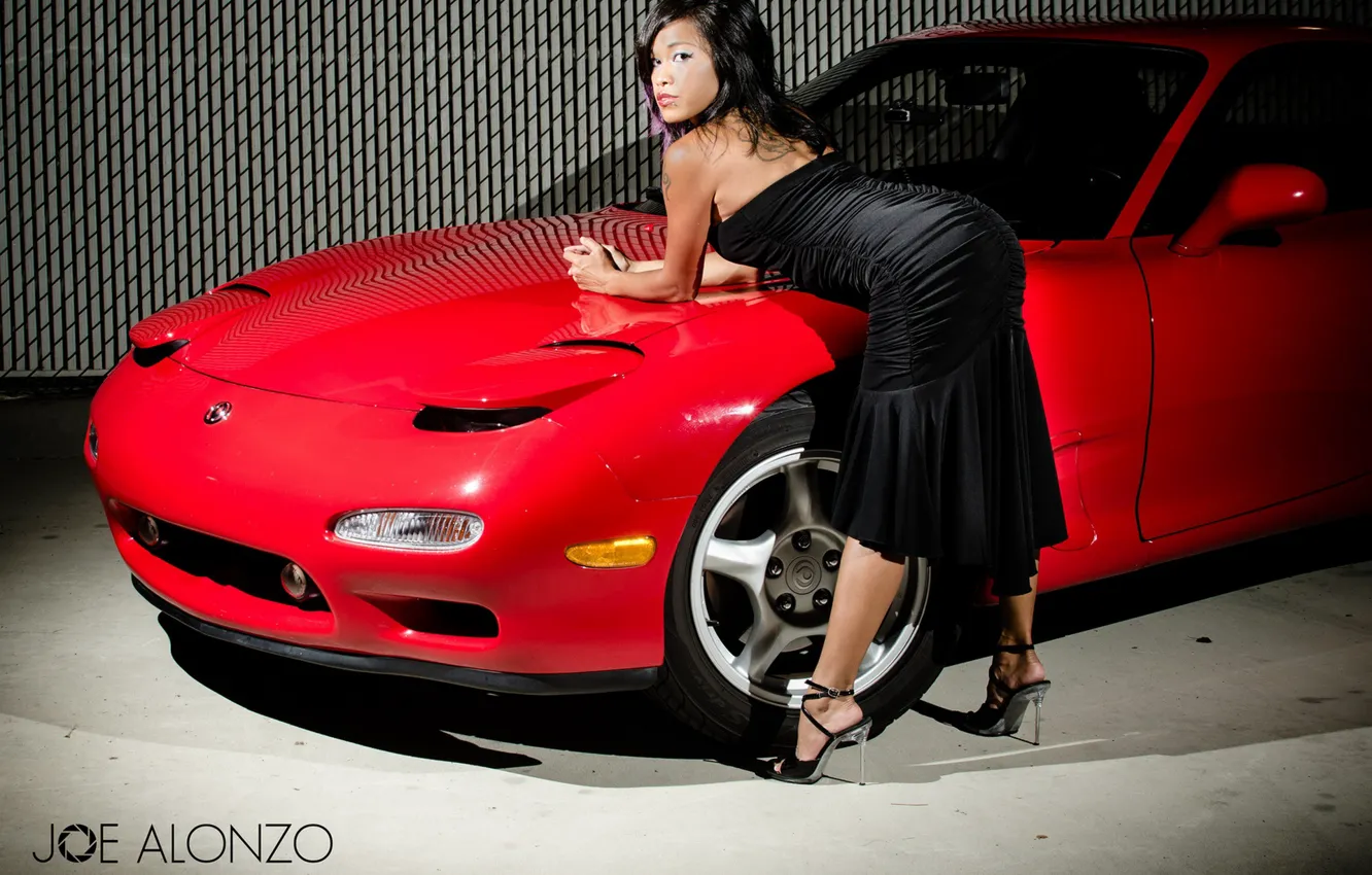 Photo wallpaper erotic, look, beautiful girl, red car, posing on the car
