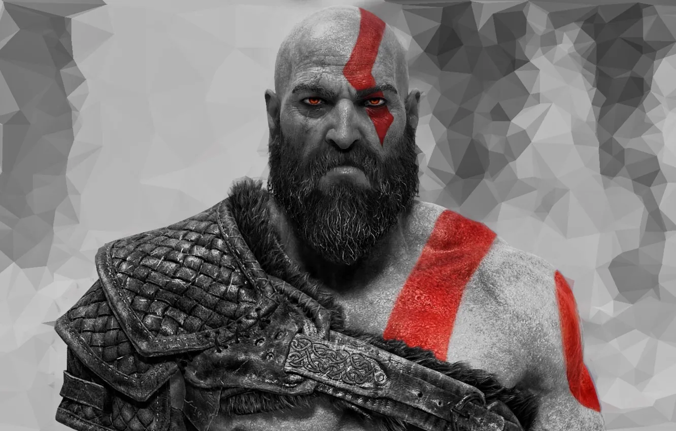 Photo wallpaper god of war, weapon, kratos, red eyes, man, pose, viking, spartan