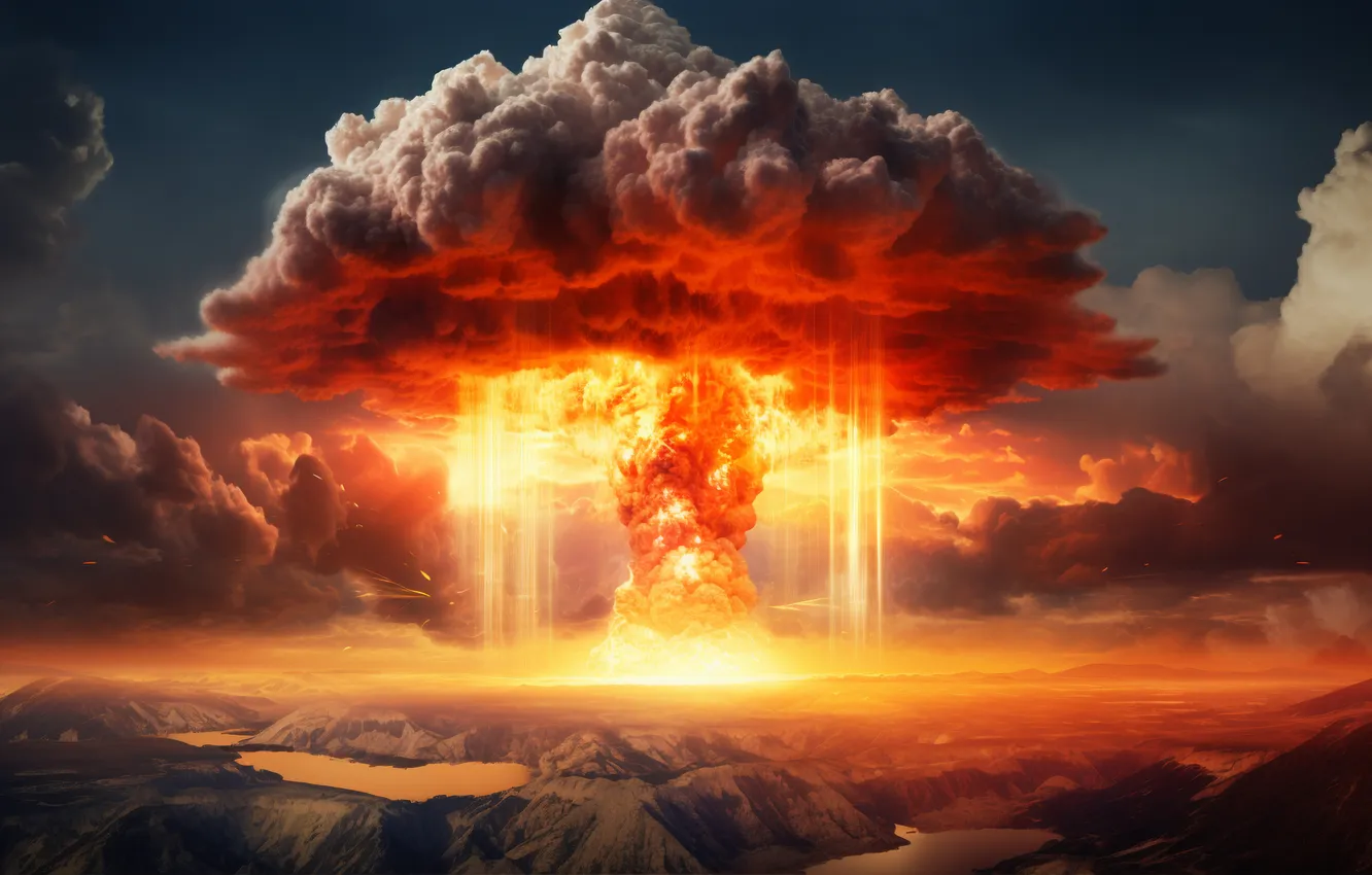 Photo wallpaper clouds, mountains, the explosion, lights, river, mushrooms, a nuclear explosion, digital art