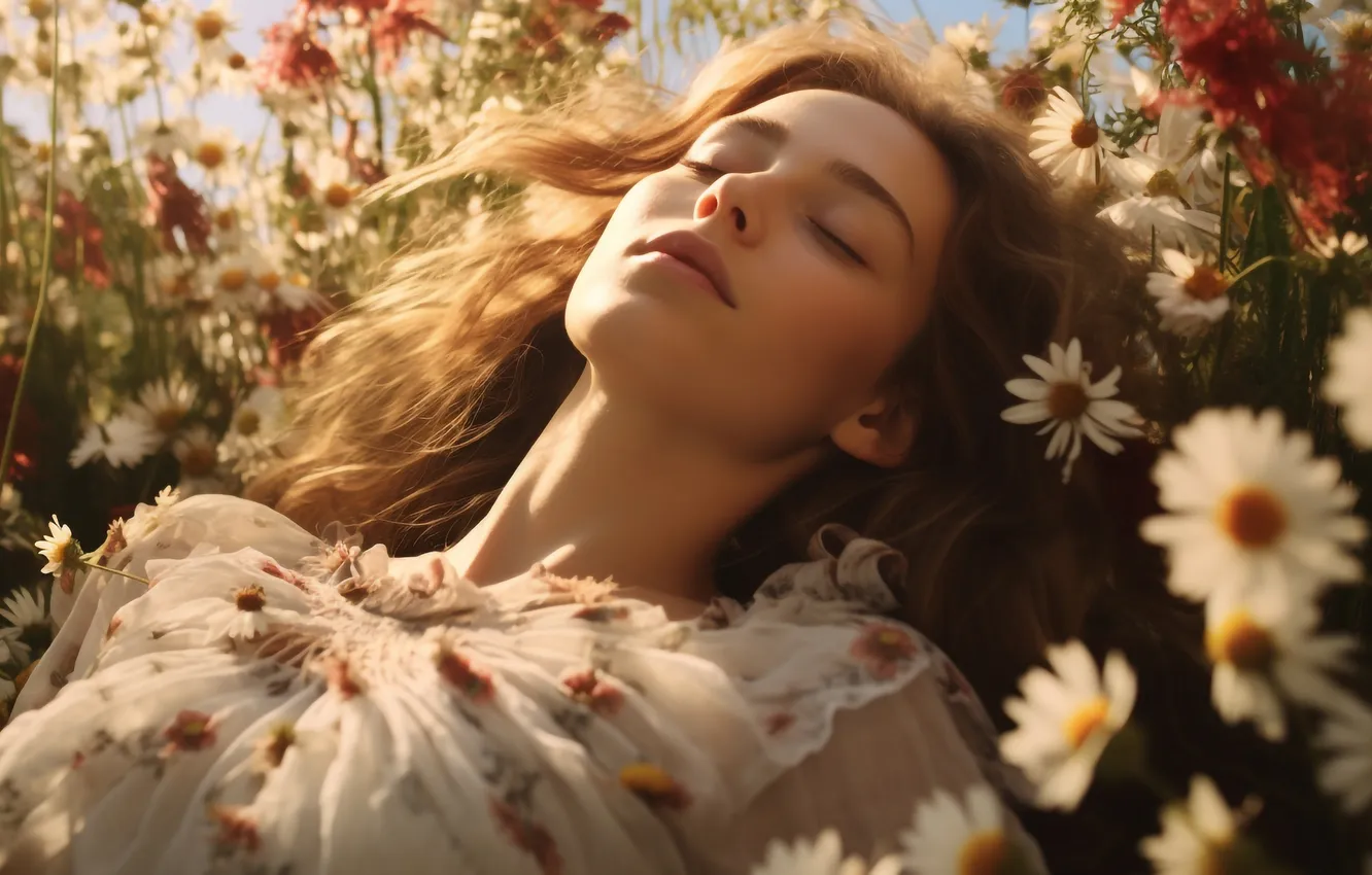 Photo wallpaper summer, girl, flowers, face, pose, glade, sleep, chamomile