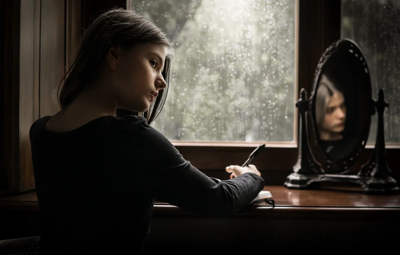 Photo wallpaper mirror, window, girl, letters