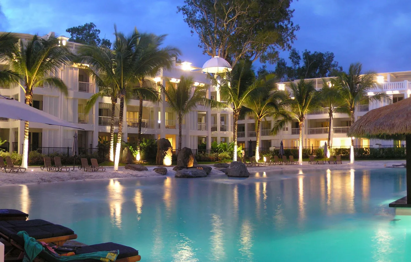 Photo wallpaper palm trees, pool, the hotel, resort