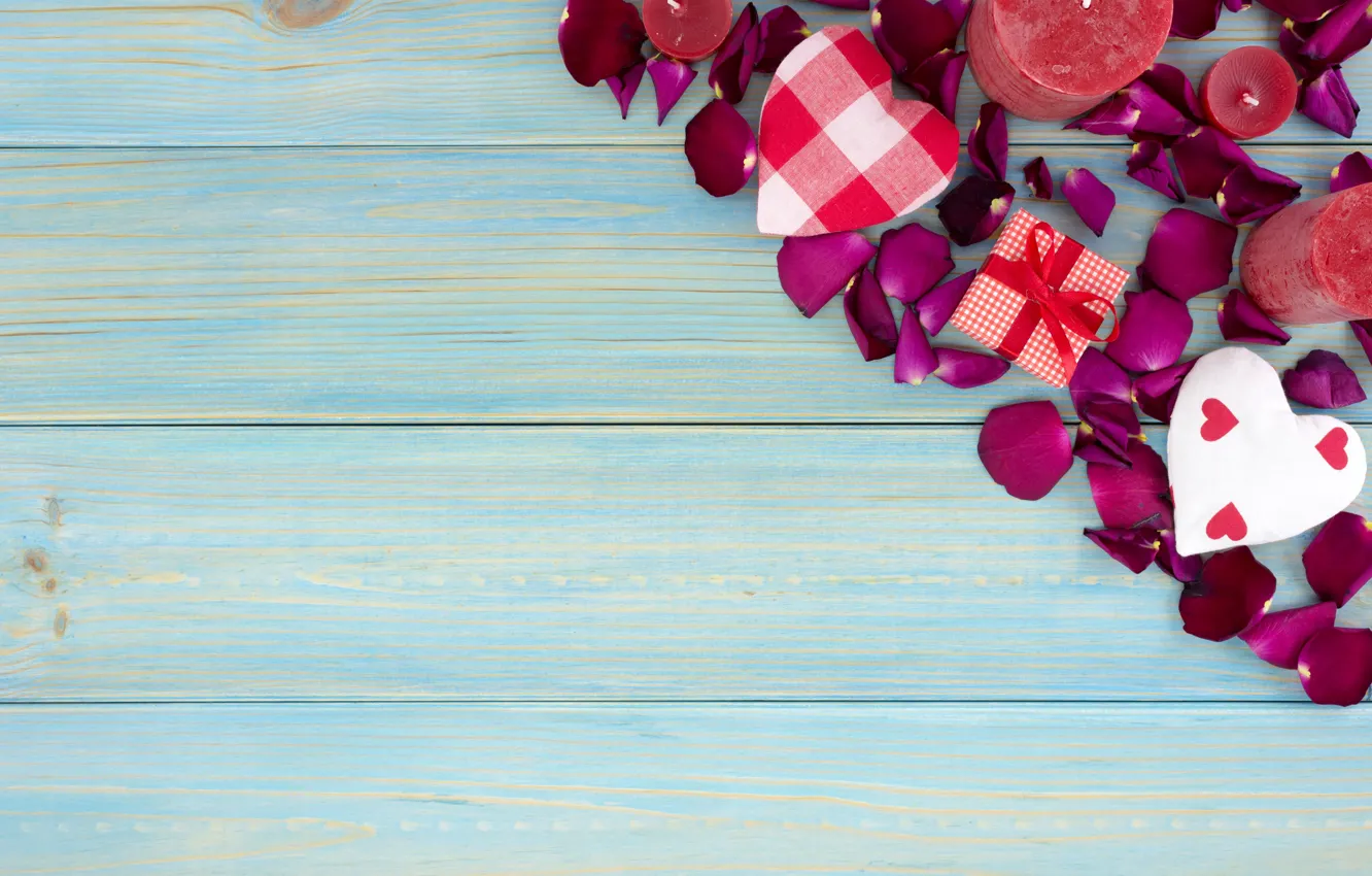 Photo wallpaper red, gift, roses, petals, hearts, red, love, wood