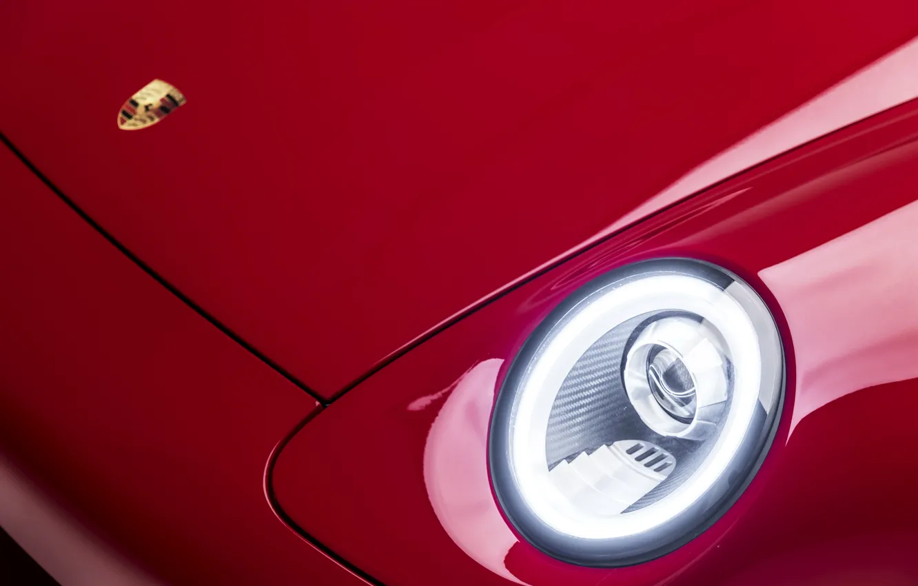 Photo wallpaper red, coupe, headlight, 911, Porsche, the hood, emblem, body