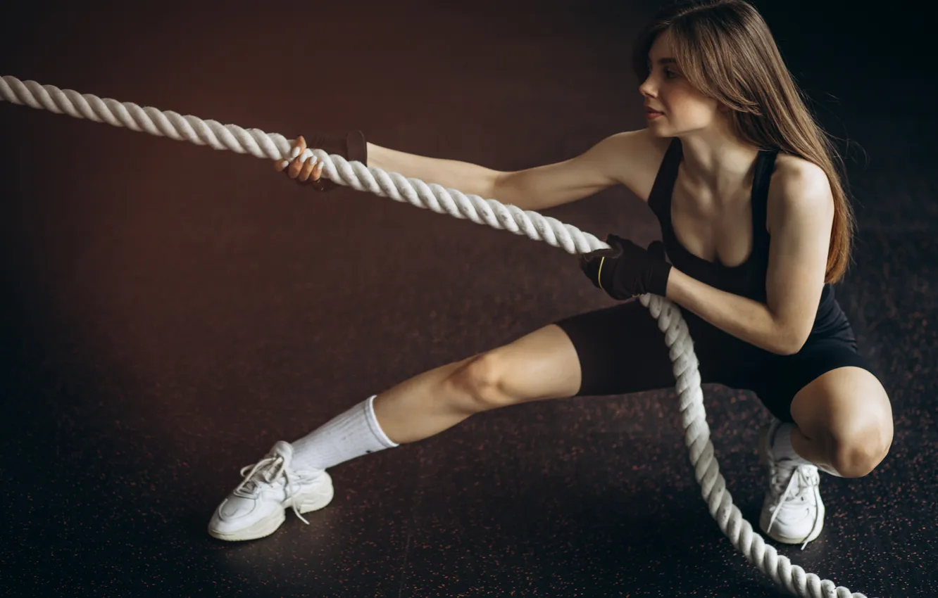 Photo wallpaper girl, exercise, sports, fitness, ropes