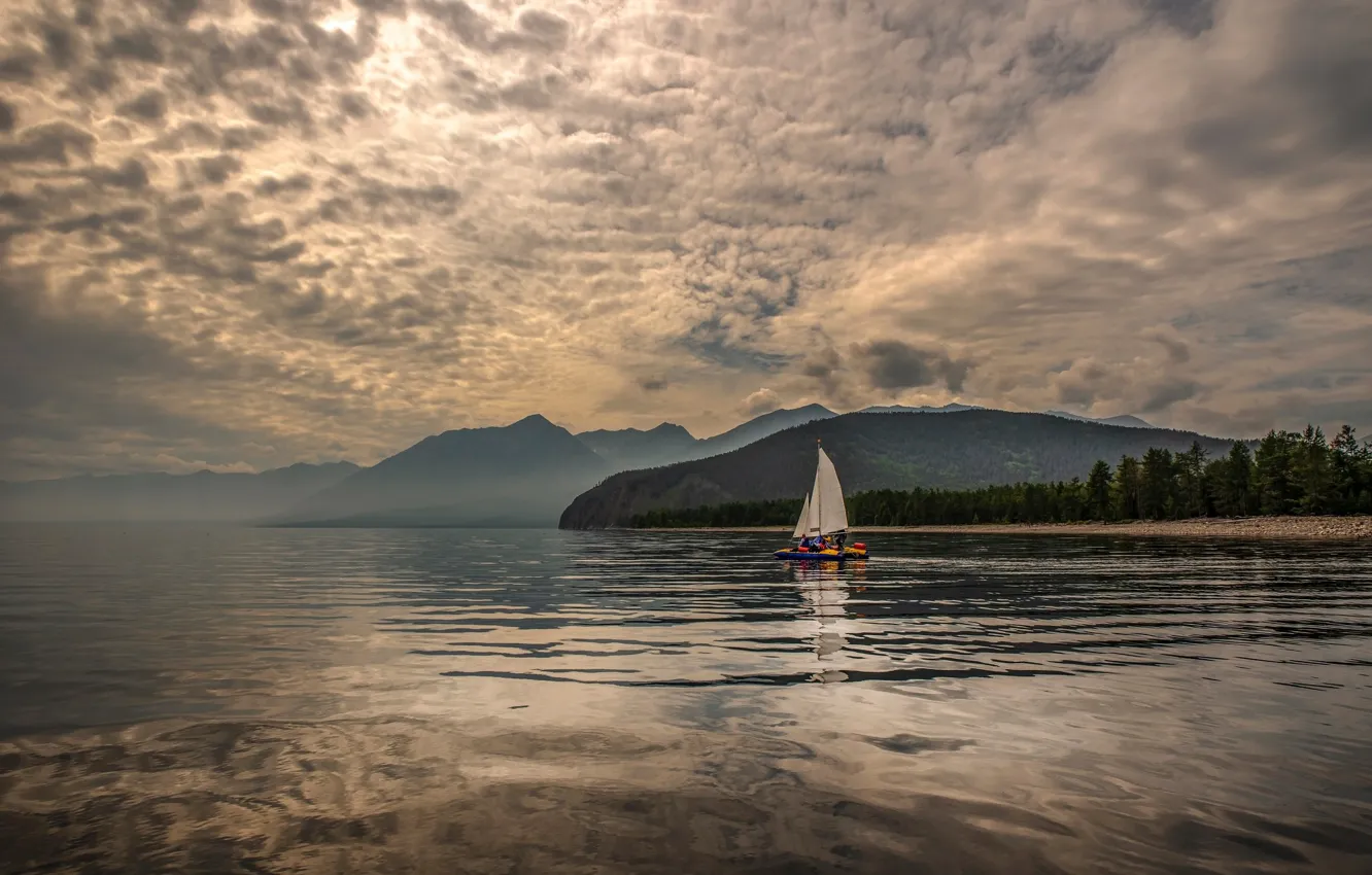 Photo wallpaper landscape, mountains, nature, lake, sailboat, the evening, Baikal, Valery Odintsov