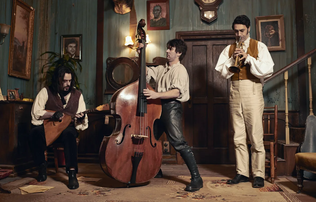 Photo wallpaper cinema, guitar, Music, vintage, man, chair, movie, animal