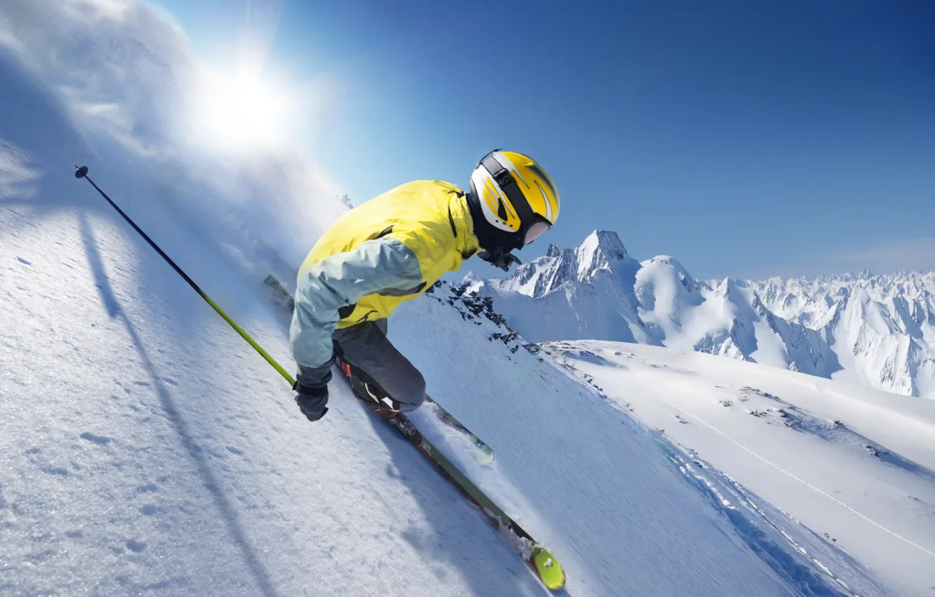 Photo wallpaper winter, snow, photo, movement, sport, helmet, skiing