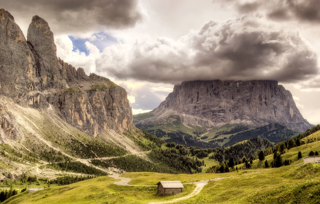 Photo wallpaper clouds, mountains, rocks, valley