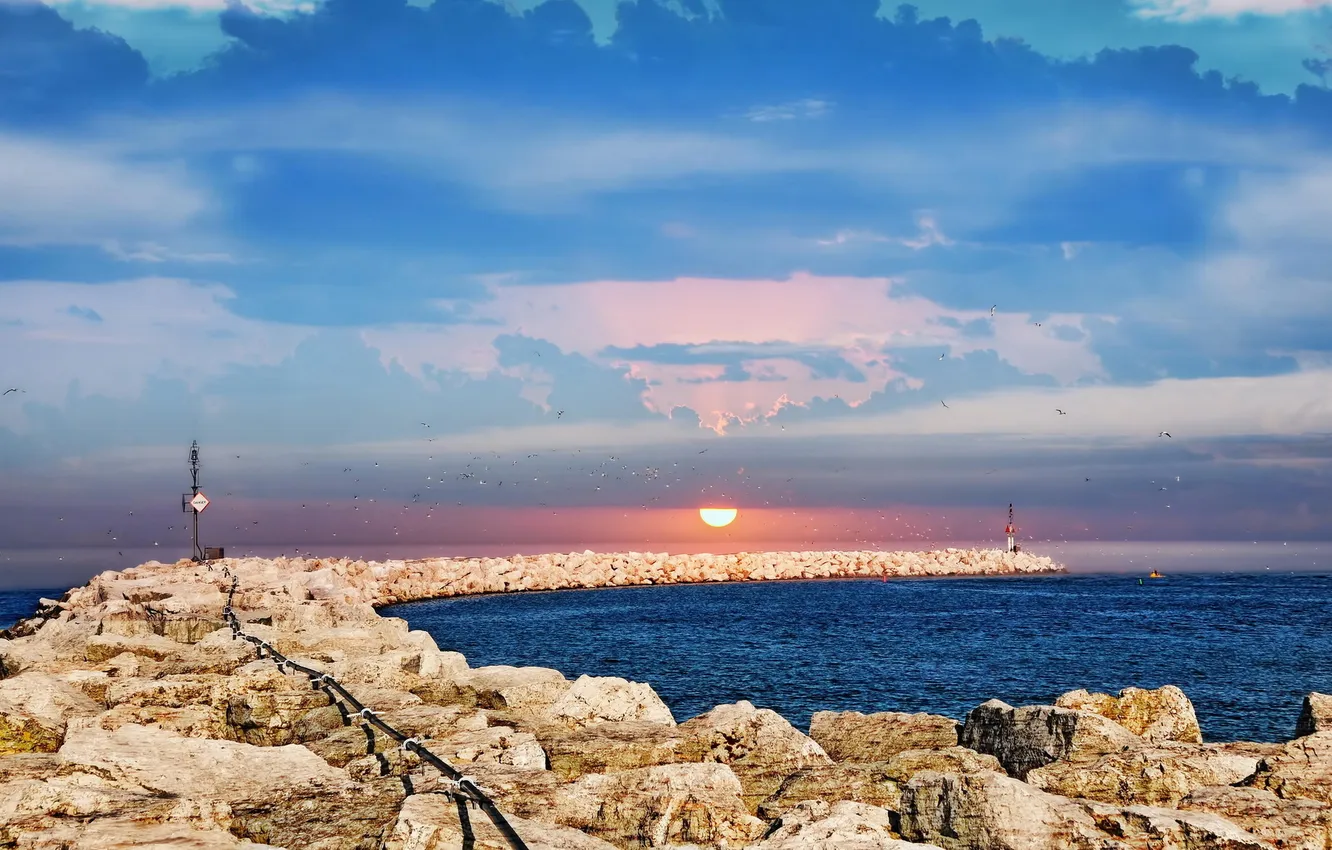 Photo wallpaper sea, landscape, birds, lighthouse