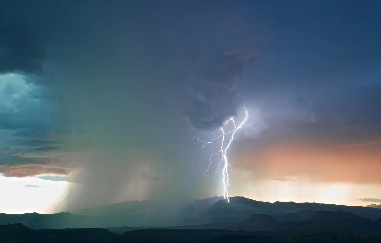 Photo wallpaper the storm, mountains, clouds, nature, lightning