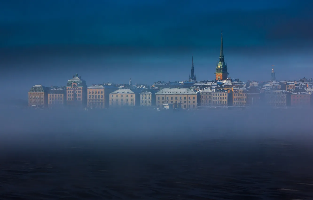 Photo wallpaper sea, the sky, fog, tower, home, Stockholm, Sweden
