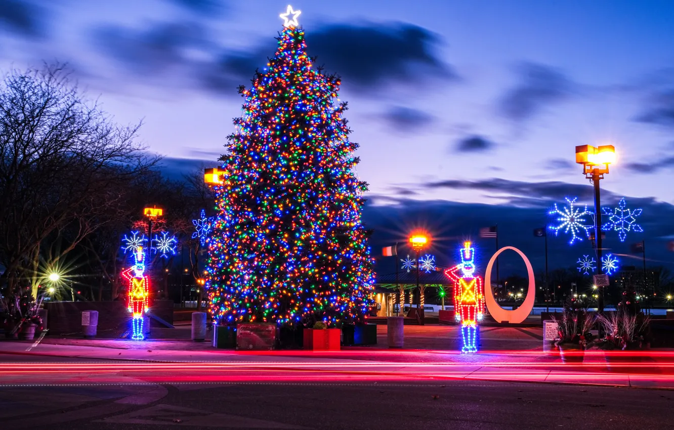 Photo wallpaper Christmas, lights, New year, tree, decoration, Michigan, Bay City, Bay City