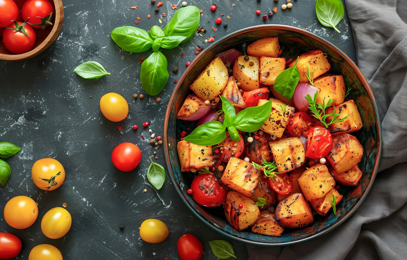 Photo wallpaper greens, table, towel, pieces, bowl, placer, grey background, tomatoes