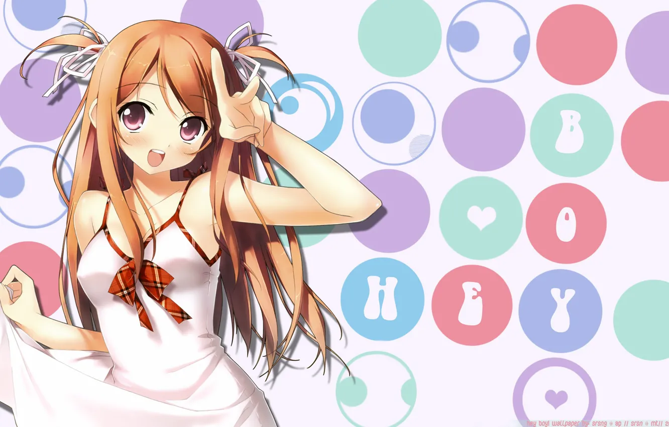 Photo wallpaper circles, bows, long hair, two tails, white sundress, gesture V, by kantoku