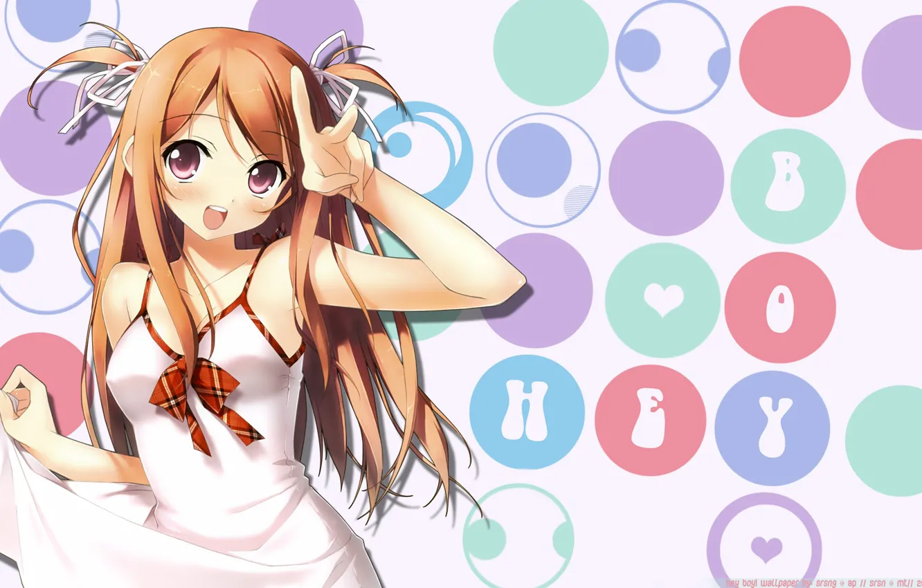 Photo wallpaper circles, bow, long hair, two tails, white sundress, gesture V, by Kantoku
