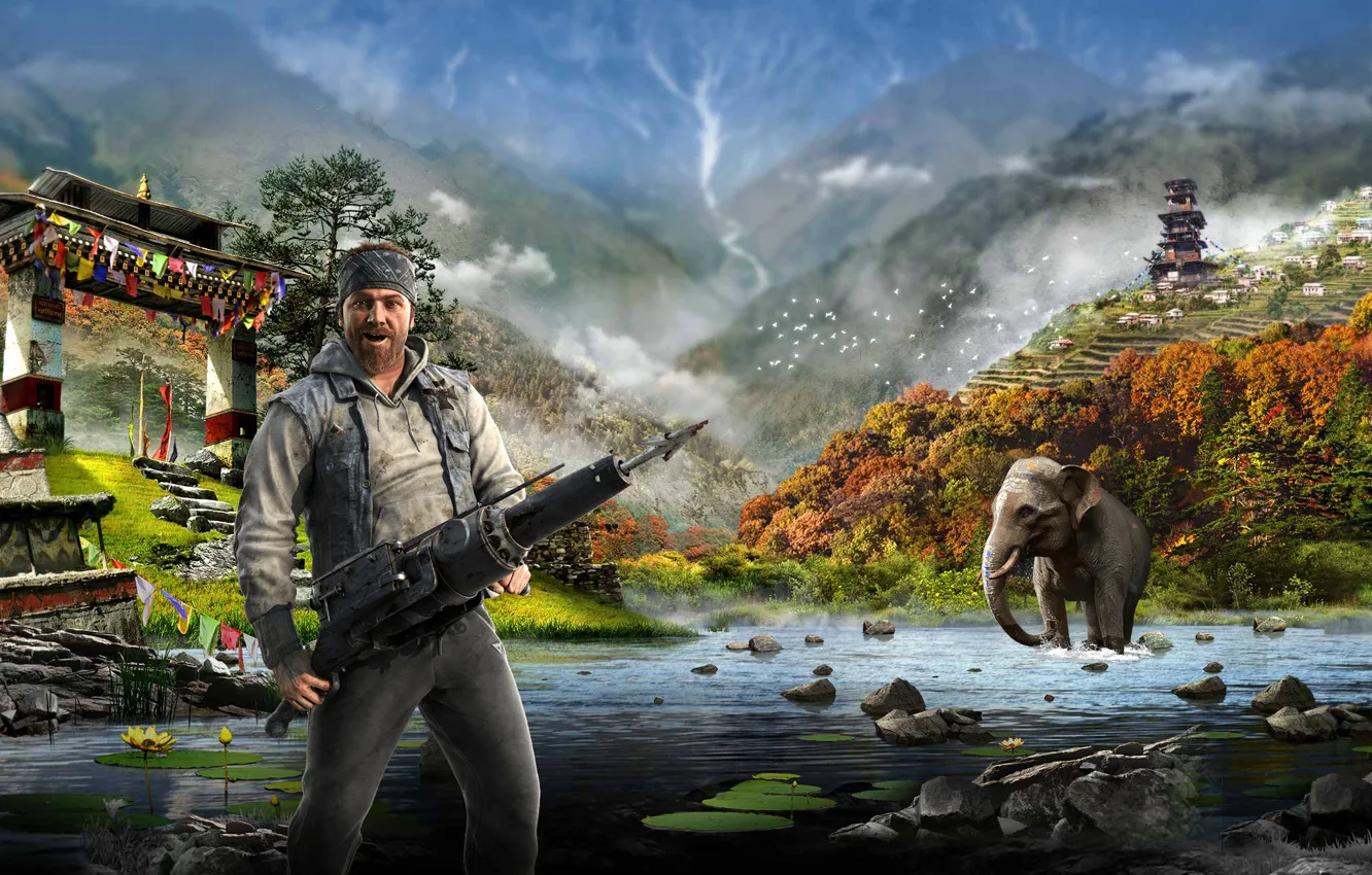 Photo wallpaper water, mountains, elephant, Harpoon, Ubisoft, Far Cry 4, Kyrat
