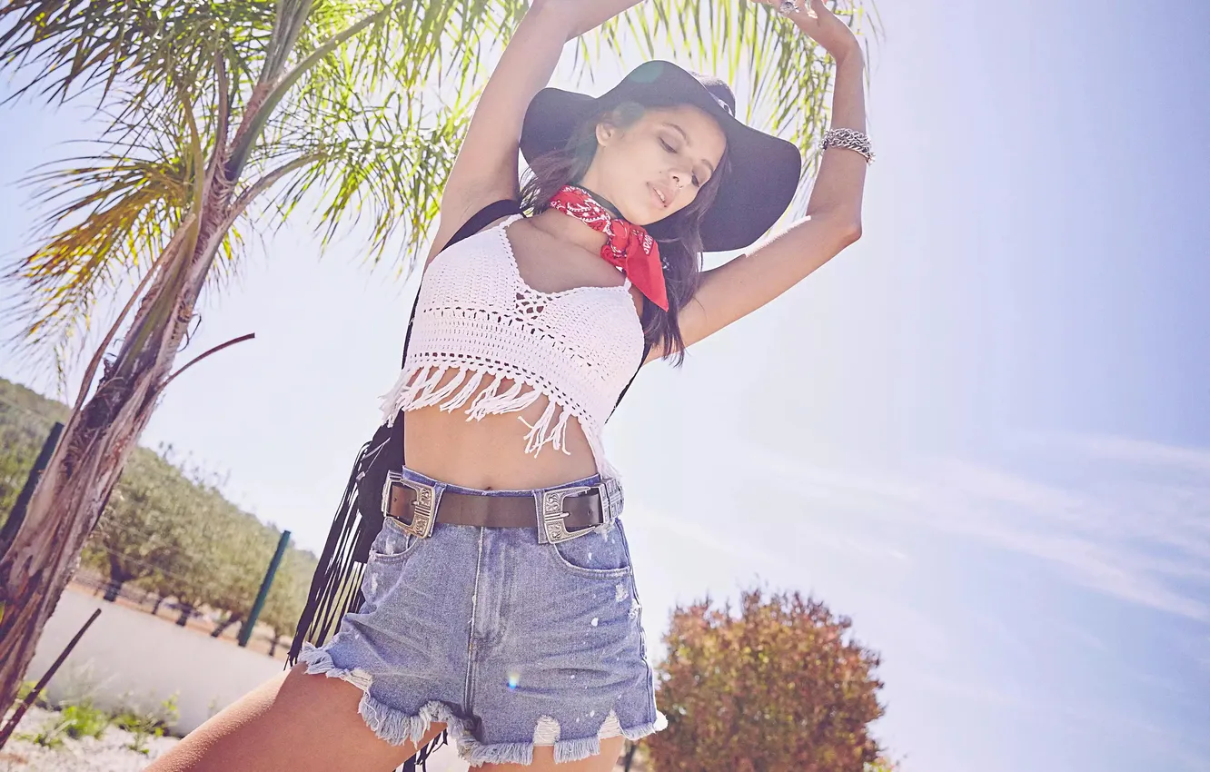 Photo wallpaper girl, shorts, beautiful, model, jeans, cute, posing, long-haired