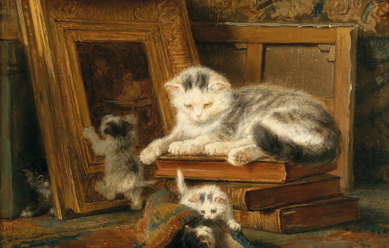 Photo wallpaper cat, oil, kittens, Henriëtte Ronner-Knip, «Hide and seek»