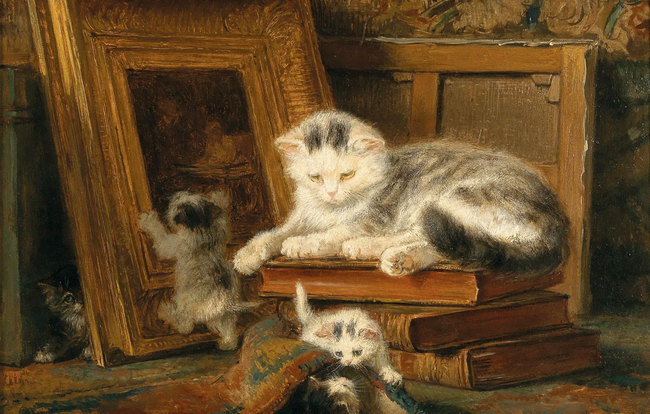 Photo wallpaper cat, oil, kitty, Henriëtte Ronner-Knip, «Hide and seek»