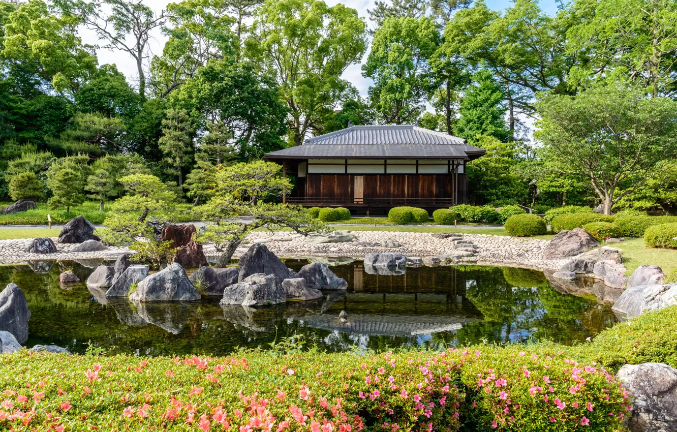 Photo wallpaper Nature, Japan, Garden, Pond, Stones, Park, Kyoto, Nijo