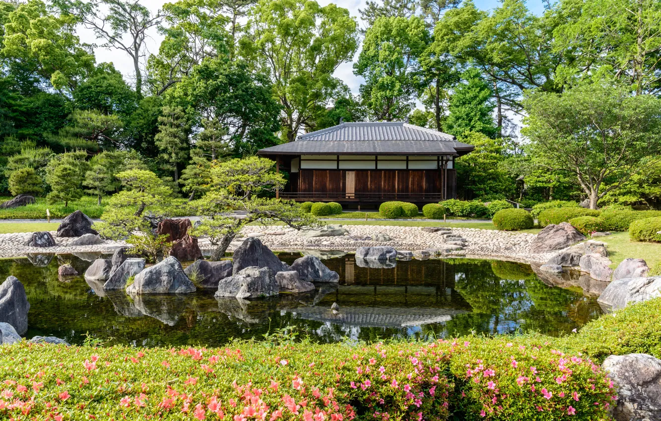 Photo wallpaper nature, pond, Park, stones, Japan, garden, Kyoto, Nijo
