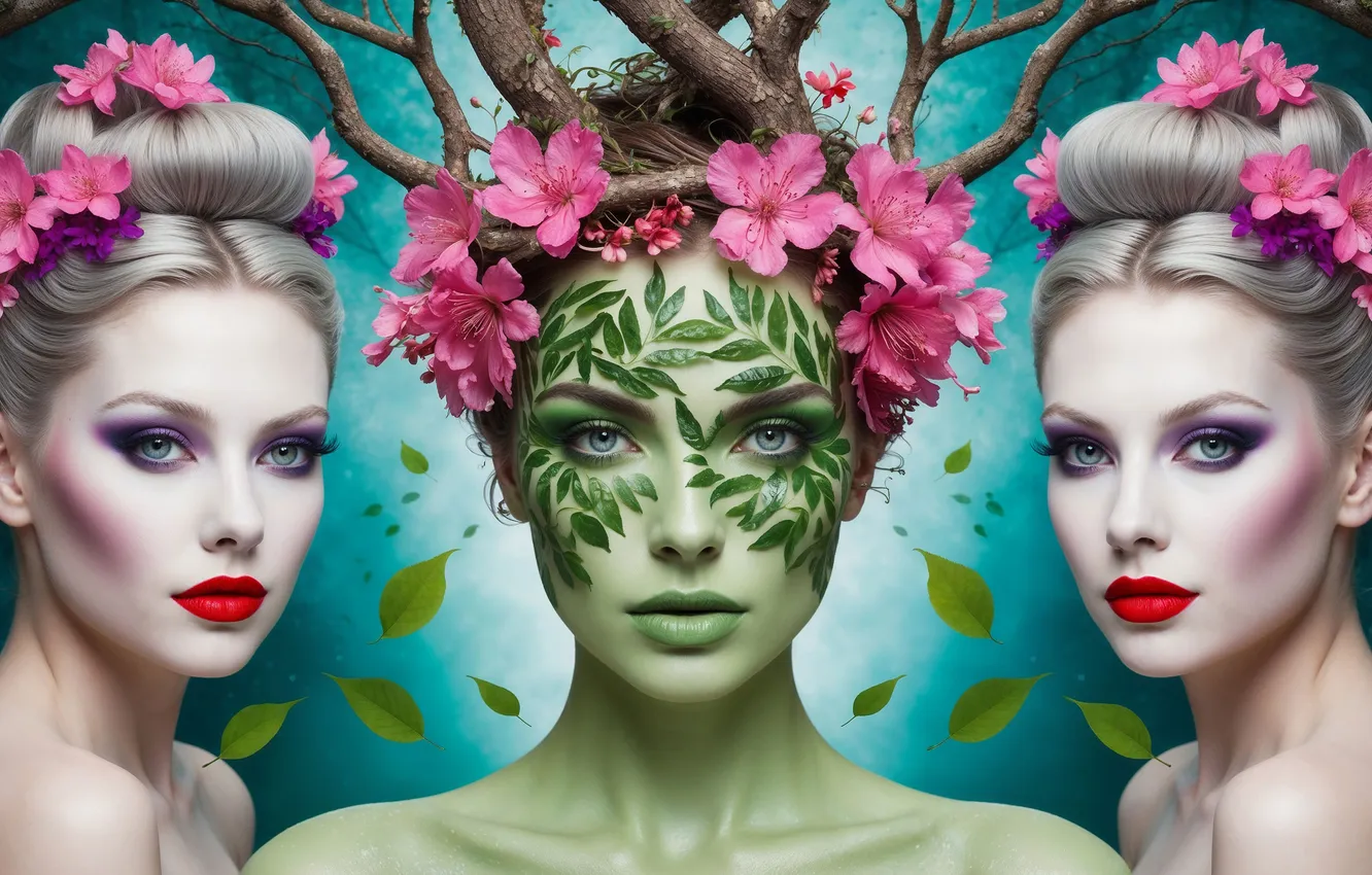 Photo wallpaper look, girl, flowers, face, roots, fantasy, girls, portrait