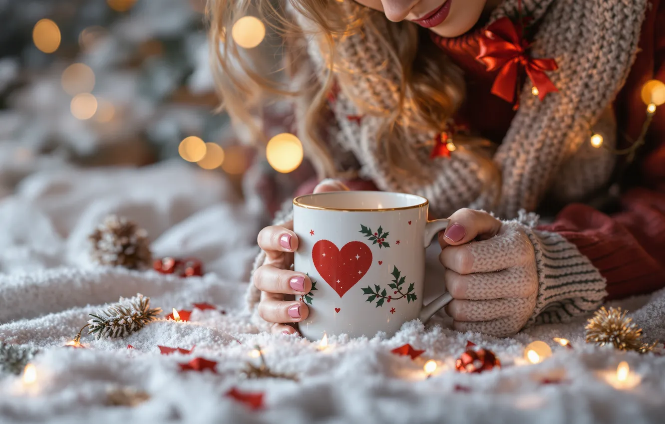 Photo wallpaper girl, tea, new year, hands, Christmas, mug, hearts, AI art