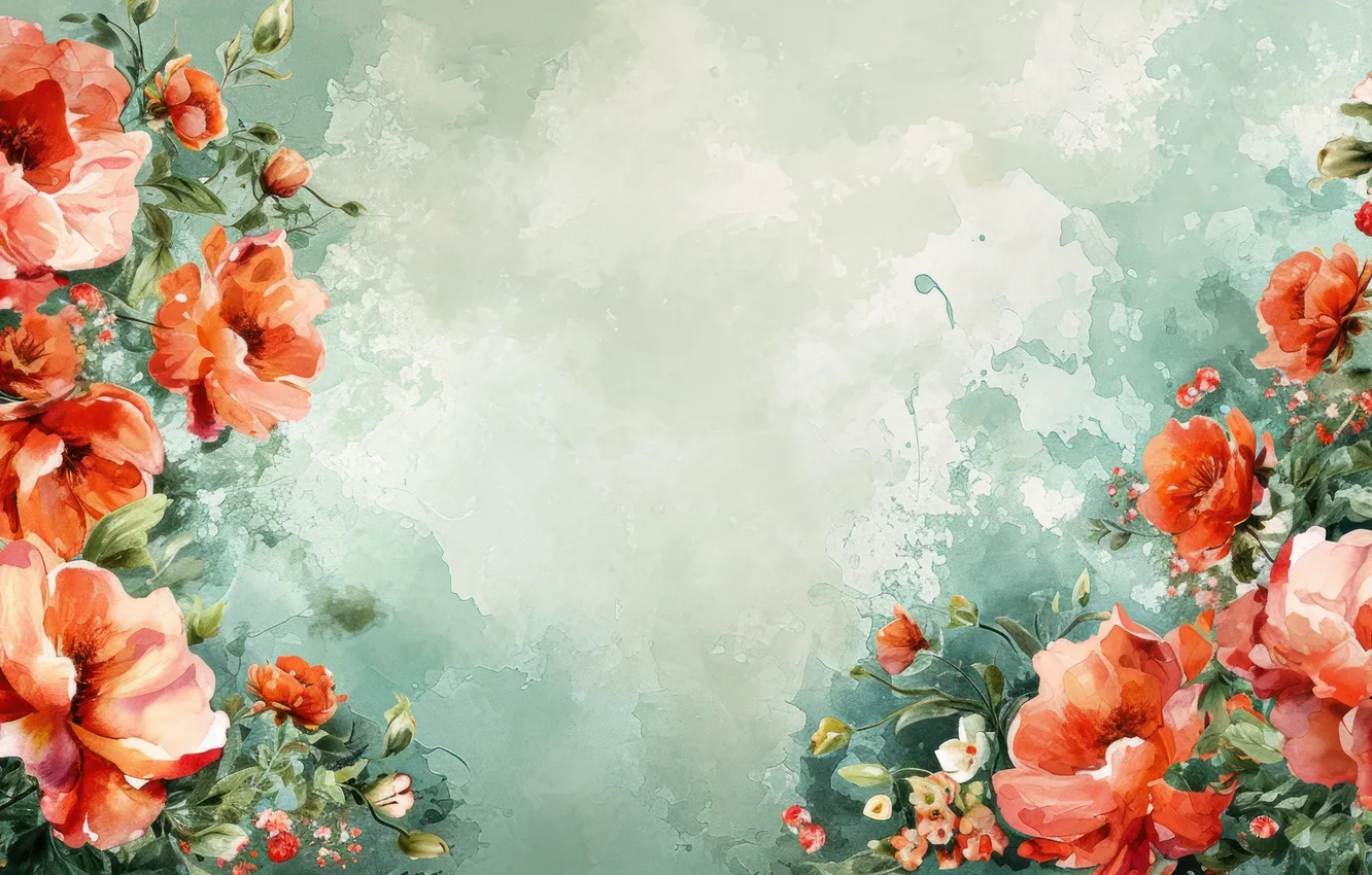Photo wallpaper leaves, flowers, red, frame, watercolor, composition, imitation, imitation painting