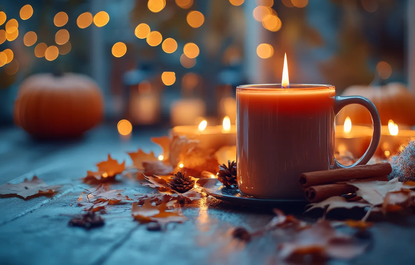 Photo wallpaper autumn, table, holiday, candles, mug, pumpkin, Halloween, Halloween