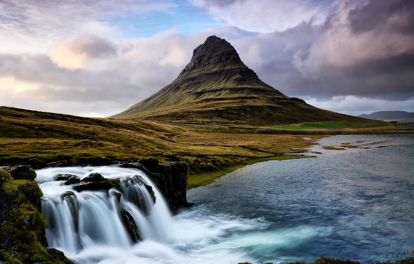 Photo wallpaper mountain, waterfall, stream, Iceland, Kirkjufell